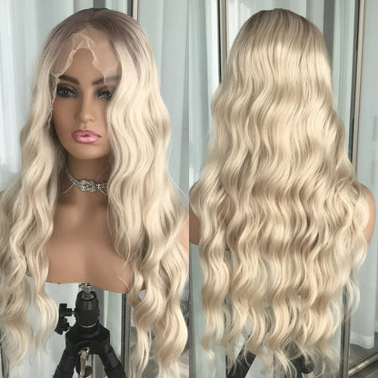 Long Wavy Synthetic Lace Front Wig Highlight Blonde Natural Wave Transparent Pre Plucked Heat Resistant Fiber Wig for Women