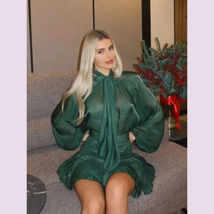 Bow Lace Up Top Pleated Short Skirt Two Piece Sets Casual Fashion Shirt Glitter Blouse High Waist Half Skirts Women's Clothing