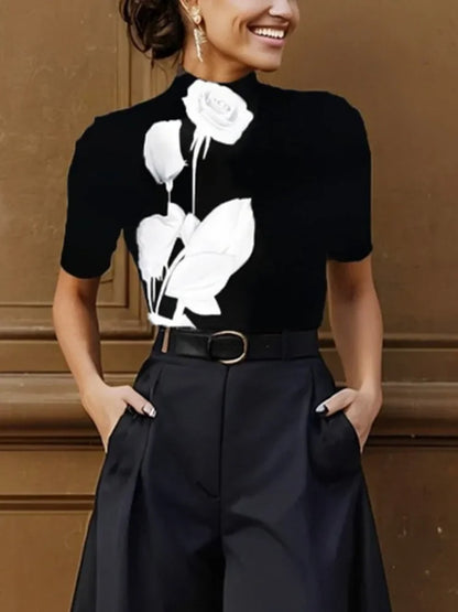 Yeezzi Women's Flower Printed Stand Collar Skinny Tops 2025 New Half Sleeves Urban Casual Office Trendy Black Basics T-Shirts