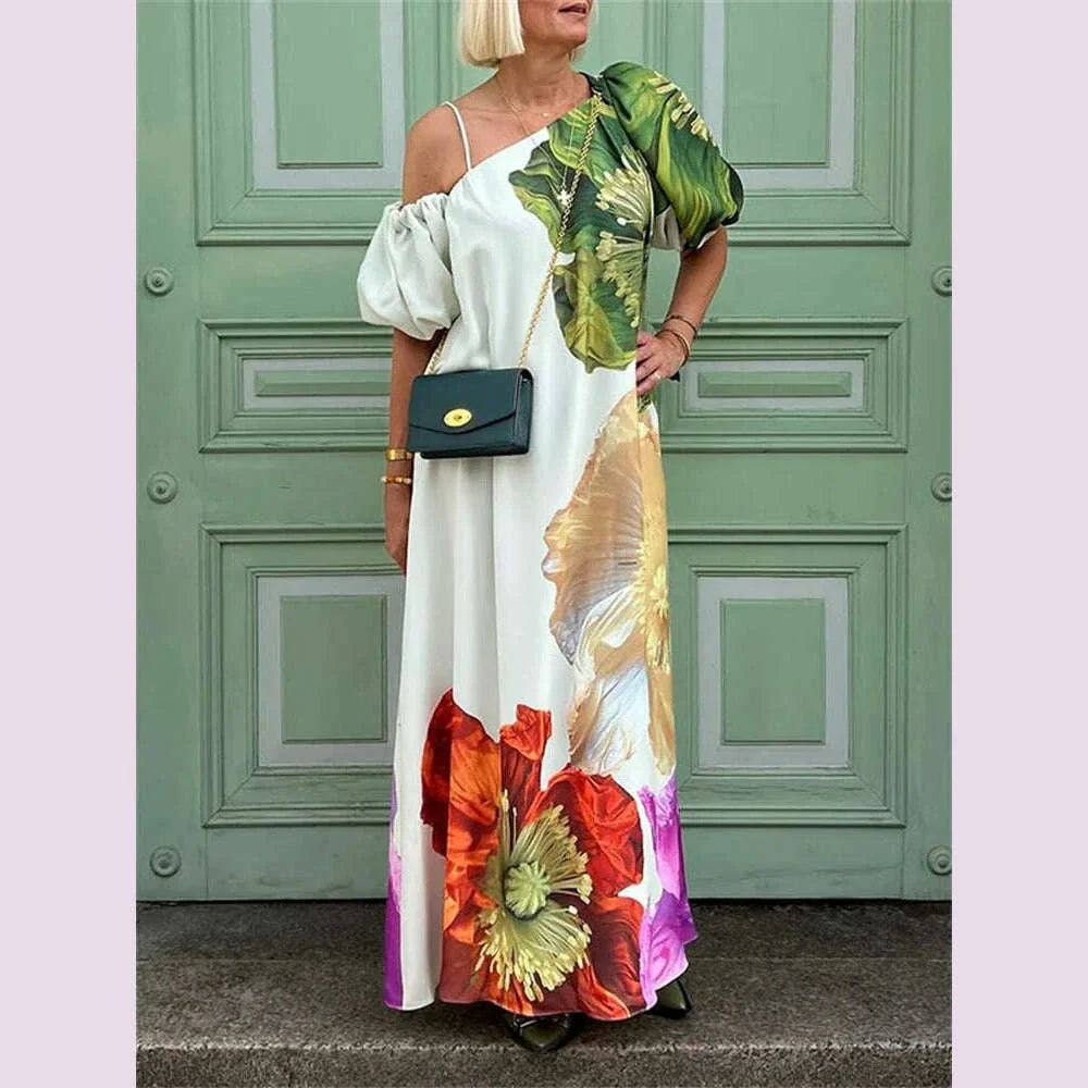 Yeezzi Women's Dress 2025 New Summer Floral Print One-shoulder Elegant Party Evening Maxi Dresses Fashion Vacation Beach Dress