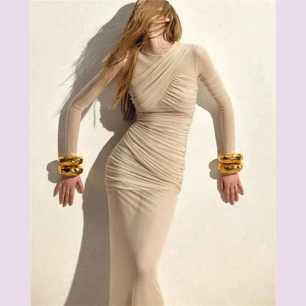 Mozision Mesh Ruched Sexy Maxi Dress For Women Fashion Zipper Patchwork See Through Long Sleeve Elegant Club Party Long Dress
