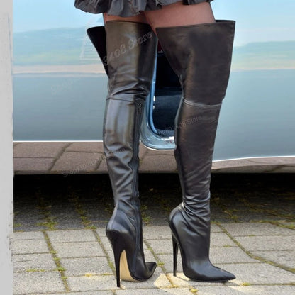 Black Matte Leather Over the Knee Boots Pointed Toe Stiletto High Heel Side Zipper Women Shoes 2024 Sexy Zapatos Para Mujere