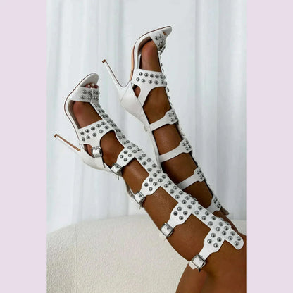 2025 Roman Gladiator sandals women knee high sandals small rivets adornment high Tong cool boots hollow out shoes summer 44