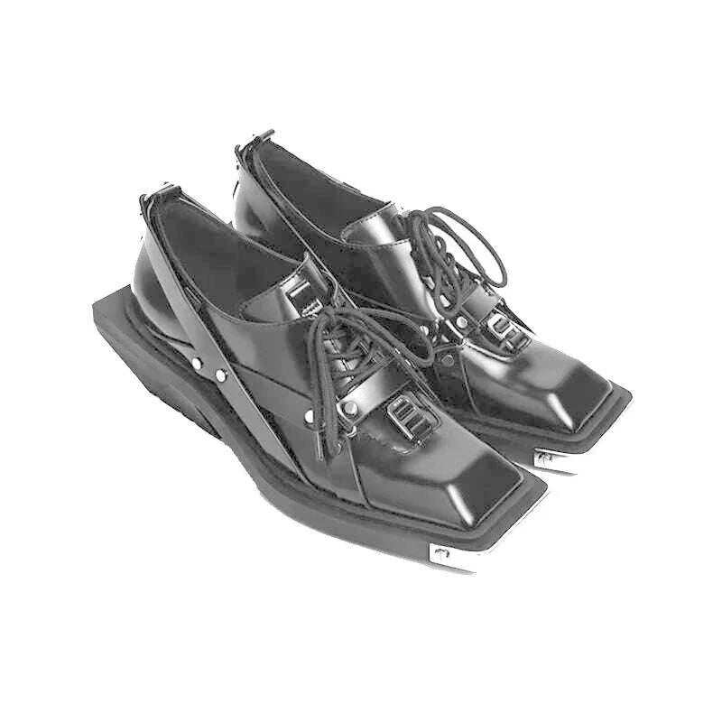 Women Shoes Spring Autumn New Metal Head Decorate Leather Loafers Women Bite Thick-soled Non-slip Square Head Wedge Men Shoes 44