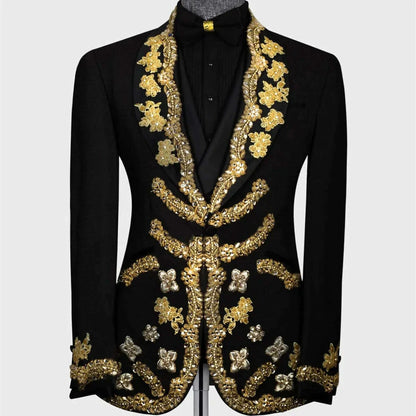 Luxury Men's Suits Tailored 2 Pieces Blazer Pants One Button Wedding Sheer Lapel Gold Appliques Diamonds Custom Made Plus Size