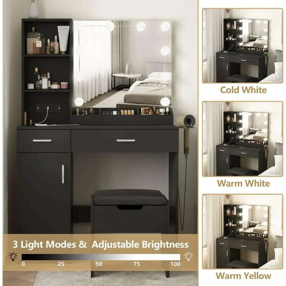 Dressing Table, Makeup Vanity Desk with Lighted Mirror & Power Strip, Black Vanity Table Set with Lights and Lots Storage