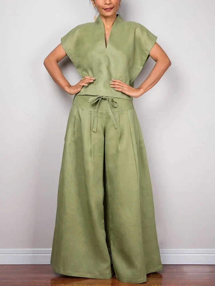 Missuoo Women's Cotton and Linen T-shirt V-neck Short Sleeves Loose Fit Green Shirt Top 2025 Summer Casual Tees for Women