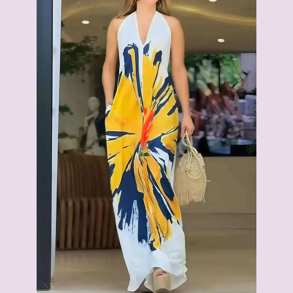 Printed Patchwork Loose Holiday Party Dress, Women Summer Fashion Sleeveless Chic Maxi Dress, 2025 Backless Elegant Ladies Dress