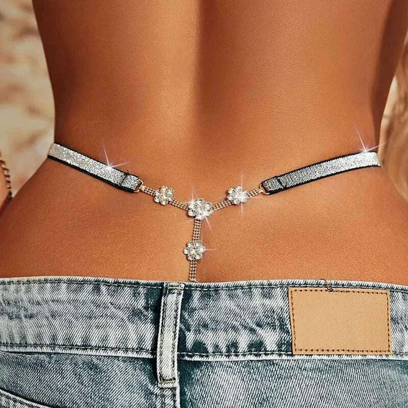 Stonefans Sexy Flower Crystal Thong Bikini Panties Jewelry for Women Stretch Rope Rhinestone Thong Back Panties Body Jewelry