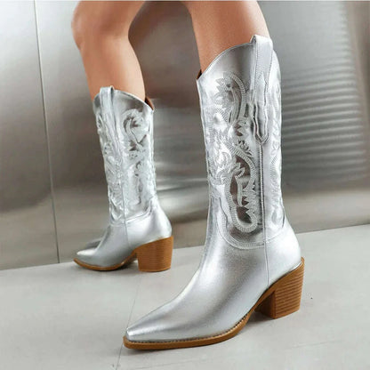 GIGIFOX Embroidered Women Mid-Calf Western Boots Block High Heel Pointed Toe Pull-On Shoes All-Match StreetSnap Cowgirl  Boots
