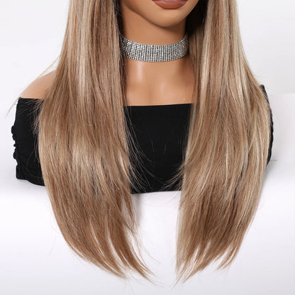 ALAN EATON Chestnut Brown Synthetic Wig with Bangs Long Straight Wig Natural Layered Hair Smooth Soft Daily Wig Heat Resistant