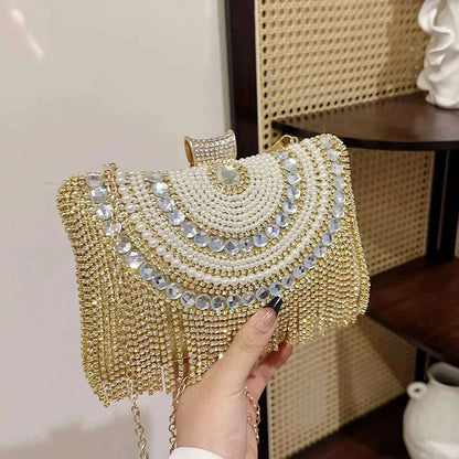 Rhinestones Tassel Clutch Diamonds Beaded Metal Evening Bags Chain Shoulder Messenger Purse Evening Bags For Wedding Bag