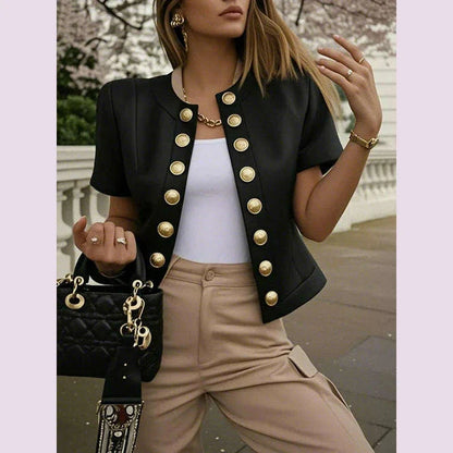Krisstargirls 2025 Urban Women jacket Summer Buttoned Short Sleeves Outerwear Office Ladies O-neck Formal Top for Woman Clothing