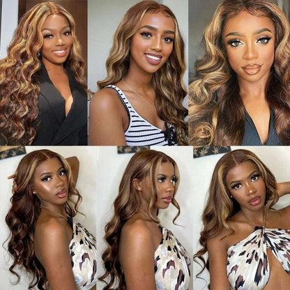 Highlight 13x6 Hd Lace Body Wave Frontal Wig Brazilian Colored Highlight Human Hair Wigs For Women 4/27 Blonde Pre Plucked Wigs