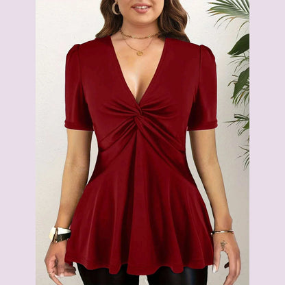 Fashion Women Plus Size Elegant Short Sleeve T shirt V-Neck Ruched Sexy Office Lady Casual Slim Summer Casual Fashion Tee Tops