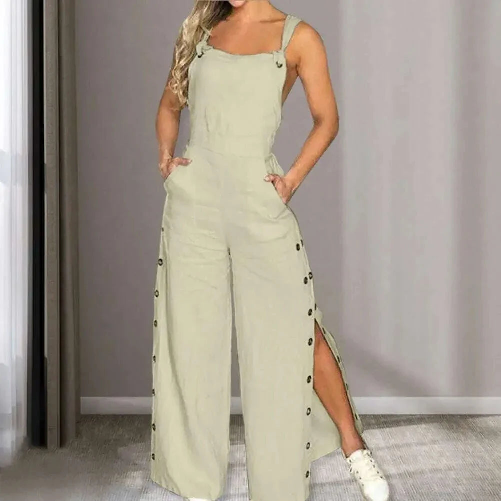 Women's Sleeveless Wide Leg Jumpsuit with Side Pockets And Button Solid Color Loose Straight-Leg Romper for Women Summer Outfit