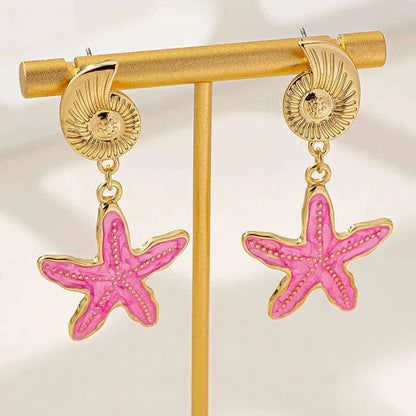 Conch Earrings for Women Fashion Children's Fun Ocean Series Metallic Color Starfish Beach Holiday Style Banquet Gift