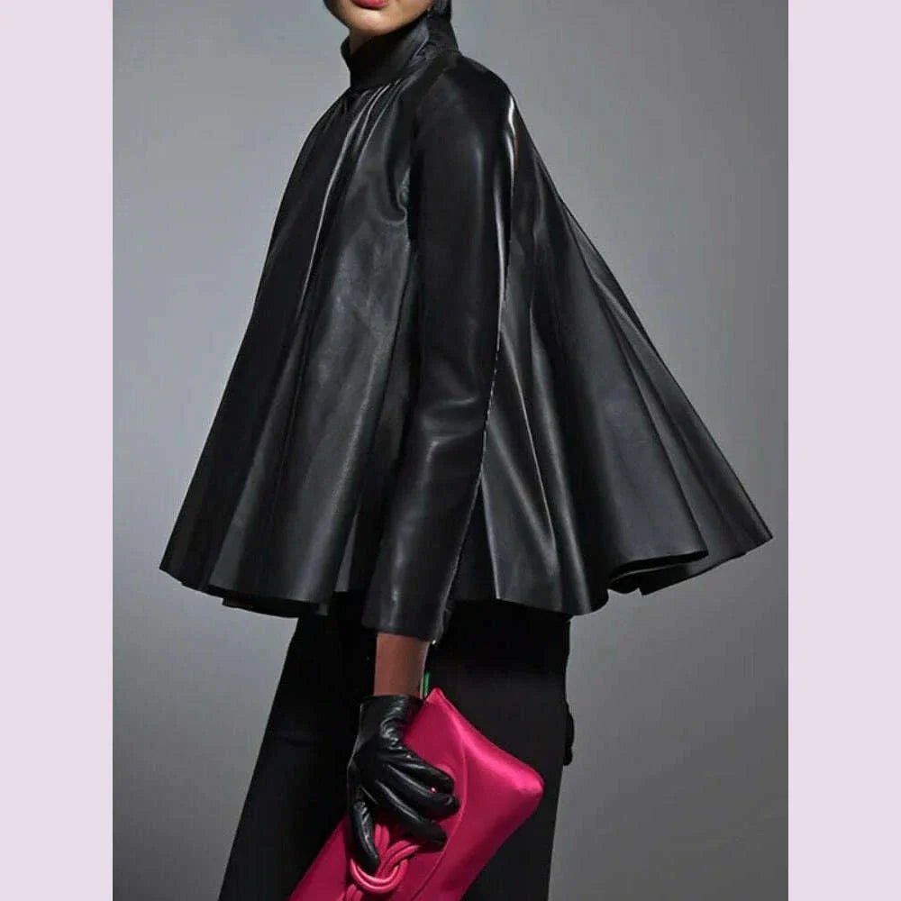 Yeezzi Women's Black Faux Leather Stand Collar Tops 2025 New Long Sleeve Fashion Big Hemline Solid Color Pleated A-line Blouse