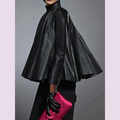 Yeezzi Women's Black Faux Leather Stand Collar Tops 2025 New Long Sleeve Fashion Big Hemline Solid Color Pleated A-line Blouse