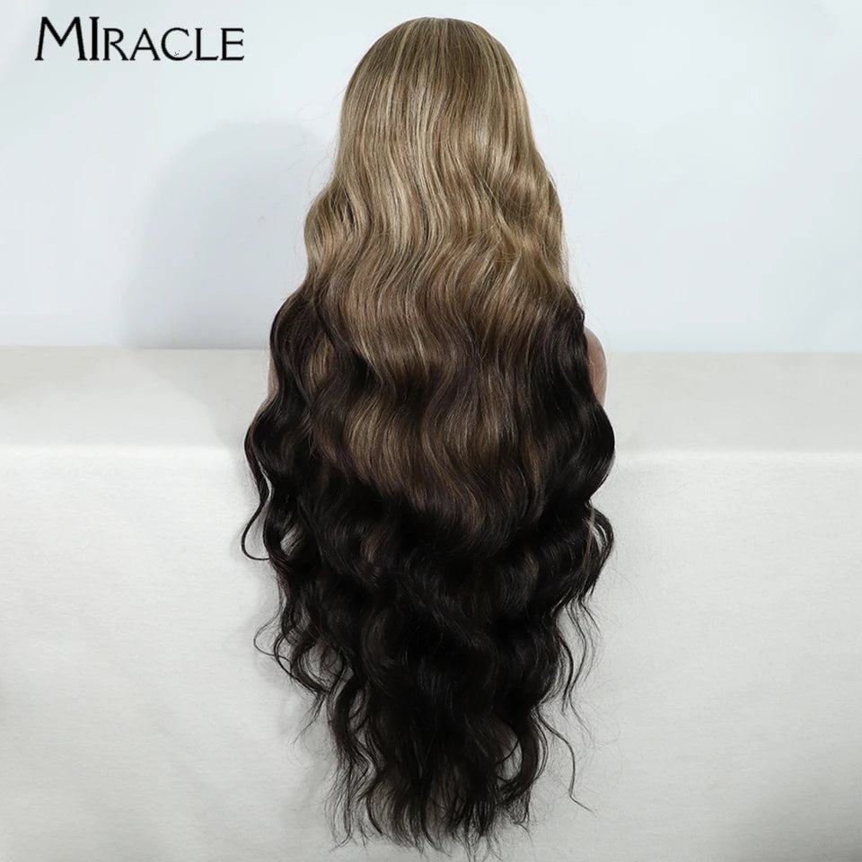 MIRACLE Synthetic 34 Inch Lace Front Wig for Women Ombre Blonde Loose Wave Wigs Famale Cosplay Wig Long Lace Wigs Wavy Fake Hair