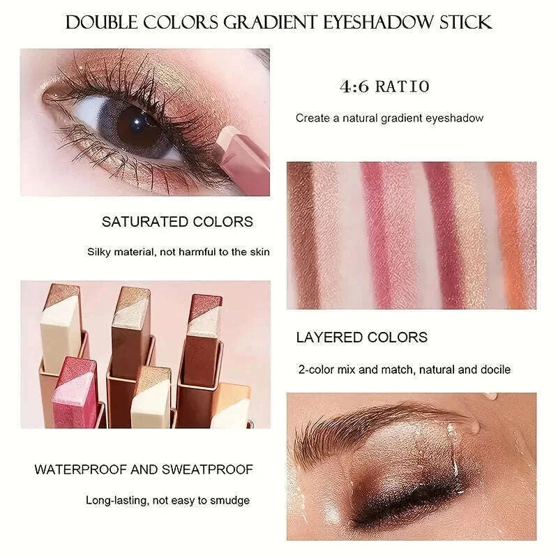 Vibrant Dual-Color Shimmer Eyeshadow Stick - Long-Lasting Waterproof Cream Eyeshadow Pencil for Party Eye Makeup - Brown, Coral,
