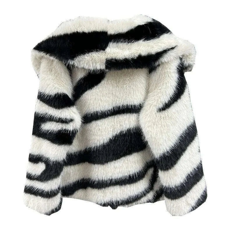 DEAT 2024 Winetr New Fashion Women's Faux Fur Coat Big Collar Contrast Color Striped Long Sleeve Wram Thick Jackets 29L8619