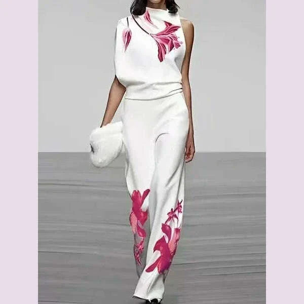 Two Piece Sets High Waist Wide Leg Trousers Outfits Matching Sets Suit Women Solid Turtleneck Sleeveless Tops Print Loose Pant