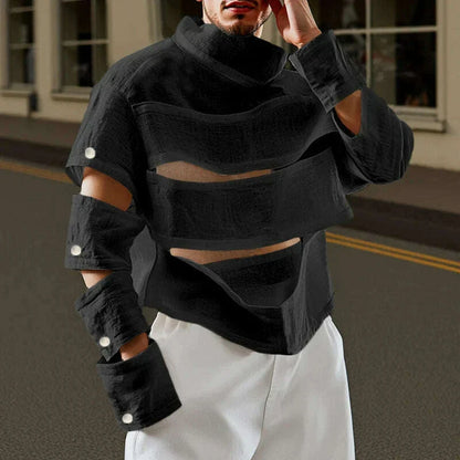 INCERUN Men Irregular T Shirts Solid Color Turtleneck Long Sleeve Hollow Out Men Clothing Streetwear 2025 Fashion Sexy Camisetas