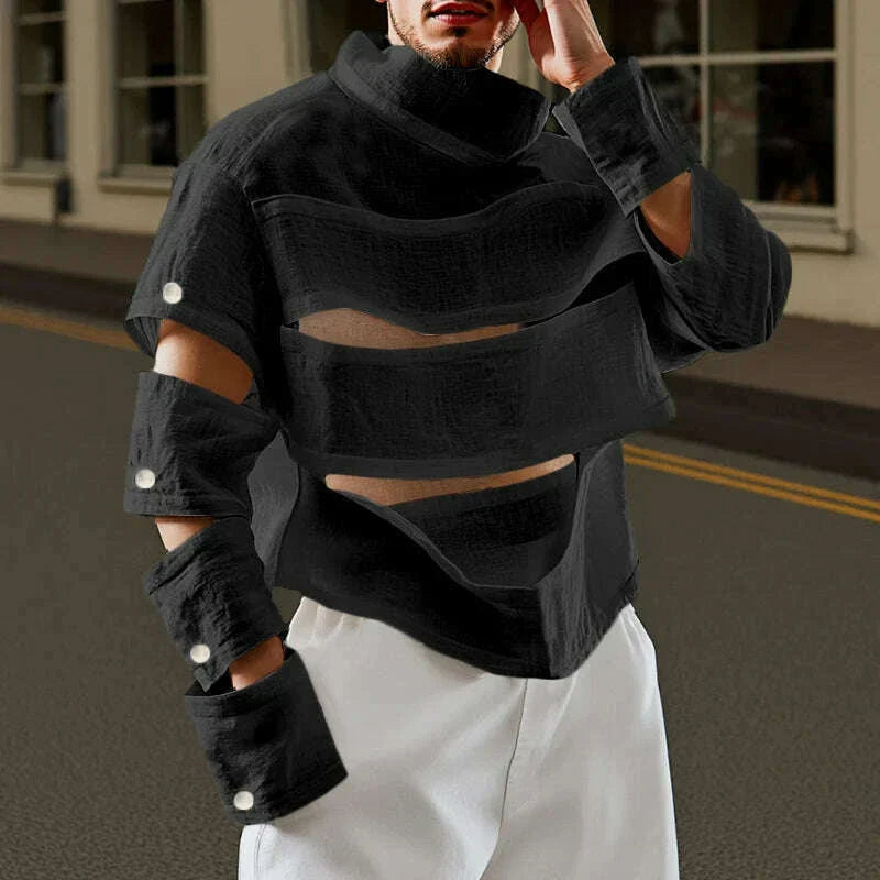 INCERUN Men Irregular T Shirts Solid Color Turtleneck Long Sleeve Hollow Out Men Clothing Streetwear 2025 Fashion Sexy Camisetas