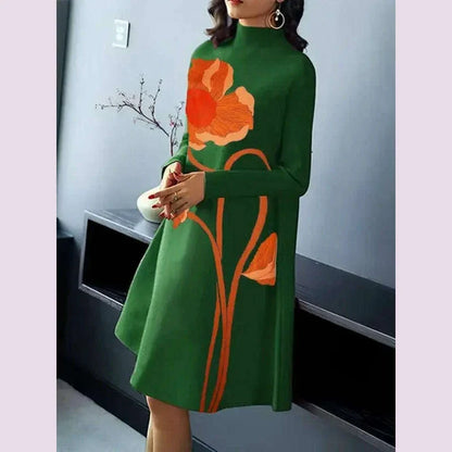Gymystars Flower Print Midi Dresses Urban Long Sleeves Dress for Women Casual Loose A-Line Zipper High Neck Green Party Dresses