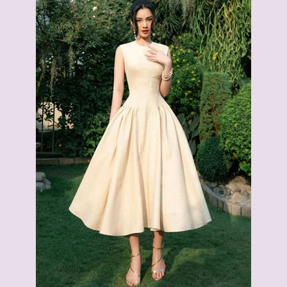 DEAT Elegant Dress O-neck Pleated A-line Big Swing Sleeveless Solid Women's Evening Party Dresses 2025 Spring New Tide 35Z1884