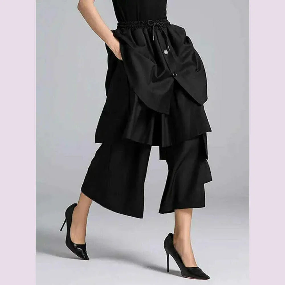 EAM Black Irregular Patch High Elastic Waist Calf-Length Pants New Trousers Women Fashion Tide Spring Autumn 2025 30A3161