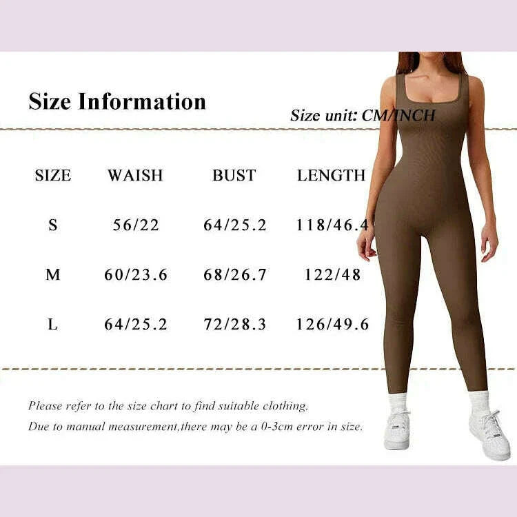 Women's Sleeveless Yoga Jumpsuit Exercise Ribbed Square Neck Vest High Waist  Fitness Sports One-piece Yoga Suit