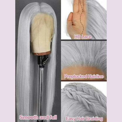 Silver Grey Straight Wigs Human Hair Vietnamese 220% Density 13x6 HD Lace Frontal Colored Wig 38 Pre Plucked With Baby Hairline