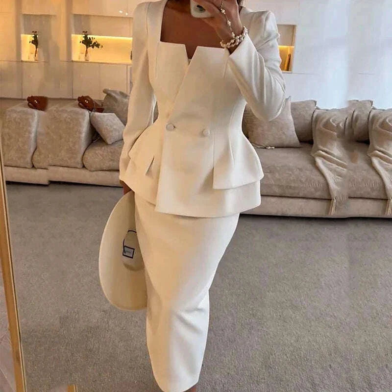 Elegant Temperament Slim Party Suit Simple Solid Commuting Outfit New Women Square Neck Long Sleeved Top + Wrap Hip Skirt Sets