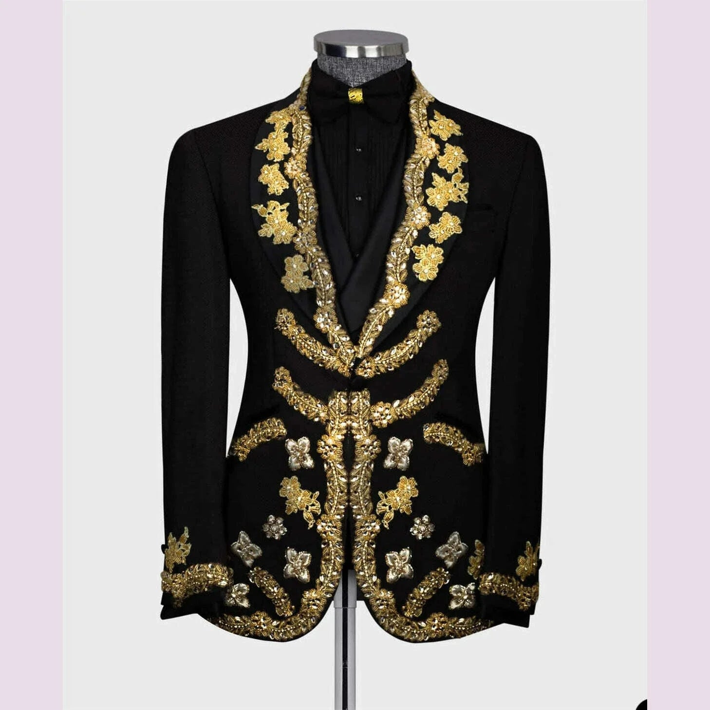 Luxury Men's Suits Tailored 2 Pieces Blazer Pants One Button Wedding Sheer Lapel Gold Appliques Diamonds Custom Made Plus Size