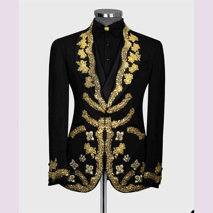 Luxury Men's Suits Tailored 2 Pieces Blazer Pants One Button Wedding Sheer Lapel Gold Appliques Diamonds Custom Made Plus Size