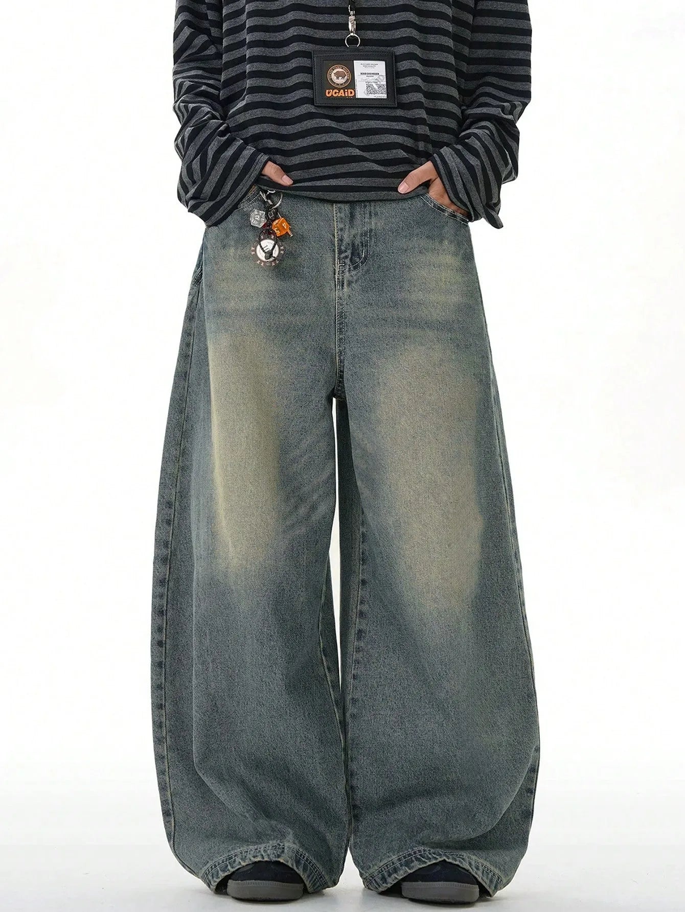 Men's loose straight-leg wide-leg jeans, sea blue casual American street style pants, comfortable cut, suitable for daily wear i
