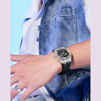 Mark Fairwhale Men's Fashion Automatic Mechanical Watch Sporty Casual Style with Transparent Case Silicone Strap Waterproof