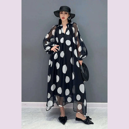 Vefadisa 2025 Summer New Dress Chiffon Printed Polka Dot Puff  Sleeves V-neck Long Dress Loose And Elegant HLX007