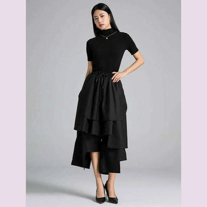 EAM Black Irregular Patch High Elastic Waist Calf-Length Pants New Trousers Women Fashion Tide Spring Autumn 2025 30A3161
