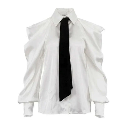 TWOTWINSTYLE Solid Loose Spliced Hollow Out Blouse for Women Lapel Long Sleeve Patchwork Single Breasted Top Female Clothing New