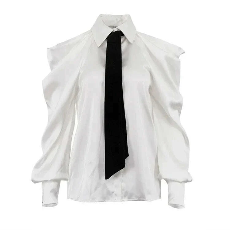 TWOTWINSTYLE Solid Loose Spliced Hollow Out Blouse for Women Lapel Long Sleeve Patchwork Single Breasted Top Female Clothing New