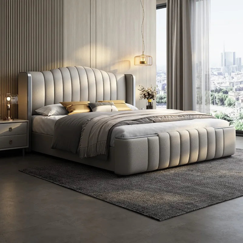 Design Simple Italian Type Bed Cowhide Luxurious Standing Sleeping Bed Double Wedding Camas De Matrimonio Dormitorio Furnitures