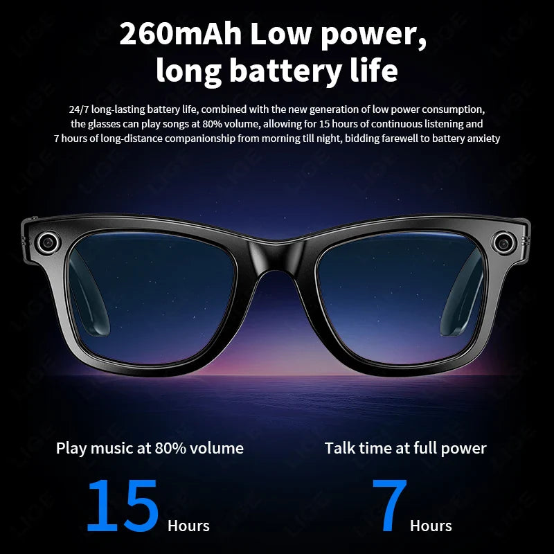 Smart Glasses Recording Videos AI Photo Recognition Answer Translation 260mAh Large Battery IP65 Waterproof Bluetooth Glasses