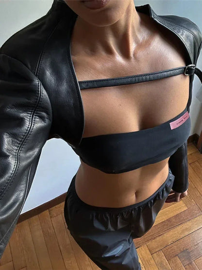BOOFEENAA Crop PU Leather Jacket Women with Tube Top Two Piece Set Streetwear Fashion Black Coats Winter Clothes C71-CH22