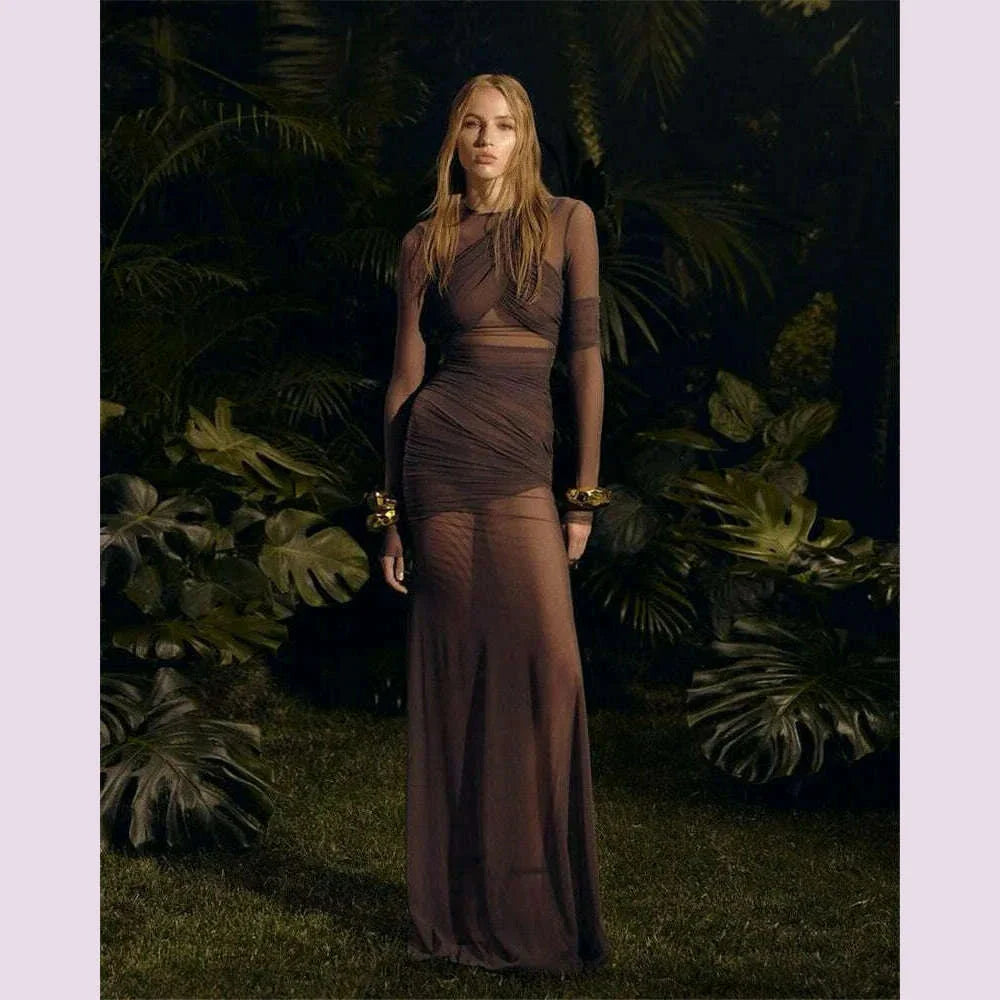 Mozision Mesh Ruched Sexy Maxi Dress For Women Fashion Zipper Patchwork See Through Long Sleeve Elegant Club Party Long Dress