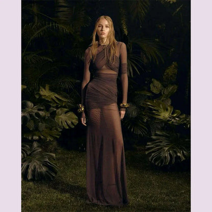 Mozision Mesh Ruched Sexy Maxi Dress For Women Fashion Zipper Patchwork See Through Long Sleeve Elegant Club Party Long Dress
