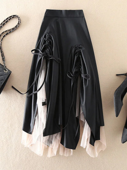 UCXQ Fashion Patchwork Black Lace Drawstring Skirt Women's Clothing Irregular Folds High Waist Skirts 2025 Spring Summer 2Q11360