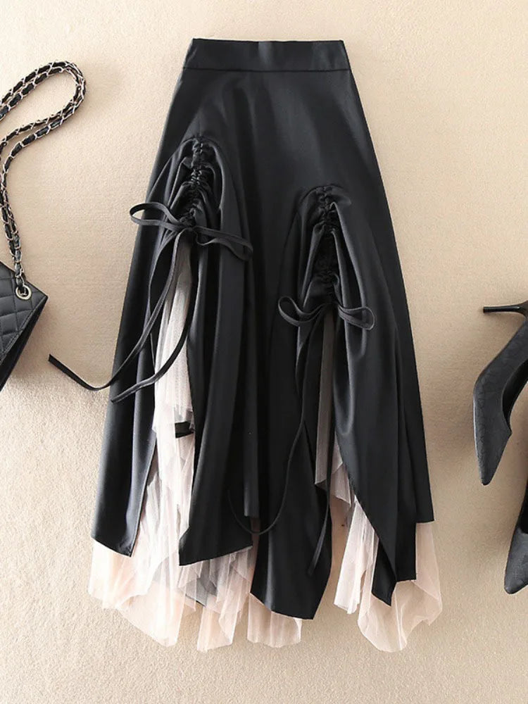 UCXQ Fashion Patchwork Black Lace Drawstring Skirt Women's Clothing Irregular Folds High Waist Skirts 2025 Spring Summer 2Q11360